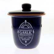 Lote 569 - Pote com tampa em cerâmica, de cor azul, com inscrições Quinta Val do Sol, Garlic, Dim:18x14,5cm. Nota: Como novo.