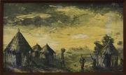 Lote 4729 - HELDER - Original - Pintura a óleo sobre madeira, assinada, datada de 1969, motivo “Paisagem Africana – Aldeia com Figuras”, com 58x98 cm (moldura de madeira com 61x101 cm, com pequenas falhas).