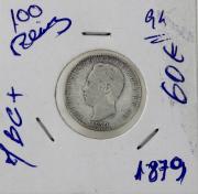 Lote 14 - Numismática - Moedas; Portugal - 100 Reis em prata 926,6 de 1879 D. Luís I MBC+ – Cotação pelo anuário numismática 2013 em belo – 60€