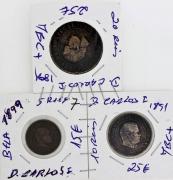 Lote 22 - Numismática - Moedas; Portugal; Lote de três moedas de D. Carlos I com 20 reis de 1891 (QUASE BELA), 10 reis de 1891(QUASE BELA) e 5 reis de 1899 (BELA). Cotação pelo anuário numismática 2013 – 65€ no total