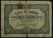 Lote 883 - Cedula de 5 Centavos, da Casa da Moeda, de Lisboa 5 de Abril de 1918. Nota: apresenta sinais de uso.