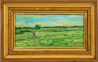 Lote 4643 - Pintura a óleo sobre cartão - Original - Sem assinatura, motivo "Paisagem Campestre", com 18x34 cm (moldura dourada com 27x43 cm