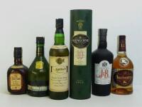 Lote 126 - 6 garrafas, garrafa de whisky J&B Ultima, garrafa de whisky Glengoyne de 10 anos, garrafa de whisky Usquaebach de 15 anos, garrafa de whisky Usquaebach reserva, garrafa de whisky Burberrys de 15 anos e garrafa de 0,50cl de whisky Old Parr de 12