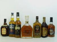 Lote 127 - 7 garrafas, garrafa de whisky Grant´s Classic de 18 anos, garrafa de whisky Grant´s Reserva de 15 anos, garrafa de litro de whisky Old Parr de 12 anos, garrafa de whiky S.S. Politician - numero A2574, garrafa de whisky Whyte and Mackay, garrafa