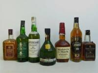 Lote 131 - 7 garrafas, garrafa de whisky Cutty Sark 12 anos, garrafa de whisky Logan 12 anos, garrafa de whisky Grant´s 12 anos, garrafa de whisky Laphroaig 10 anos, garrafa de whisky Catto´s 12 anos, garrafa de whisky House of Lords 12 anos e garrafa de 