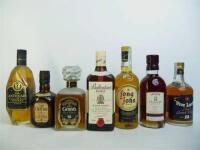 Lote 136 - 7 garrafas, garrafa de whisky Five Lord´s 12 anos, garrafa de 0,50cl de whisky Old Parr 12 anos, garrafa de whisky Grant´s Old Gold 12 anos, garrafa de whisky Antiquary 12 anos, garrafa de whisky Ballantines, garrafa de whisky Long John e garra