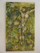 Lote 793 - Quadro com pintura a óleo sobre tela de Sérgio Almeida (Sérgio Samuel Monteiro Almeida) - ORIGINAL - datado de 2003, motivo "Cristo", com 120x70 cm