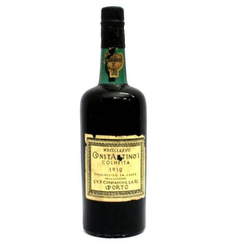 Lote 59 - Garrafa de Vinho do Porto Constantino's, colheita de 1910, envelhecido em casco, doce-aloirado. (750 ml). Rótulo danificado. À venda por 495€ em http://www.garrafeiranacional.com/1910-constantino-colheita-porto.html