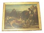 Lote 836 - Quadro com pintura a óleo sobre tela de D.Eugénio Oliva y Rodrigo (pintor Espanhol, séc. XIX) - ORIGINAL - motivo "Visita a Enfermo em Campo de Batalha", com 75x101 cm (moldura com falhas e defeitos)