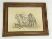 Lote 968 - Quadro com desenho a carvão sobre papel de Amélia Arrais, atribuído à Sua Alteza a Rainha D.Amélia de Portugal, motivo "Criança com Cavalos", com 35x49 cm 