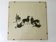 Lote 1470201 - Quadro com impressão sobre papel de arroz, figuras com cavalos, 70x70, com manchas de humidade