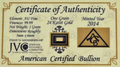 Lote 4 - Barra de ouro de 999/000 com One Grain. Certificada, com 3mmx6mm.