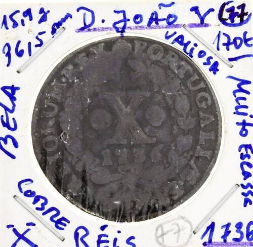 Lote 61 - Moeda de Cobre muito escassa e de data dificil, de X REIS de D. JOAO V- 1736 - Bela, com 36mm de diâmetro e 15,9 gr. e com um valor de catálogo de cerca de 170 euros - R. Silva - pag. 61.