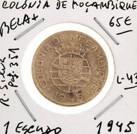 Lote 889 - Moeda de Bronze da Colónia de Moçambique- de 1 ESCUDO - 1945 - em BELA + e com um valor de catálogo de cerca de 65 euros - R. Silva - pag. 351.