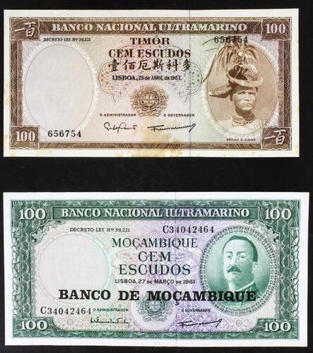 Lote 900 - Notas; Moçambique; 27-3-1961 - 1 Nota Nova de 100 Escudos( Banco de Moçambique)- Aires de Ornelas- (com armas na marca de agua); Estado: Soberba +; Cotação A. Pick: 100€ - e 1 Nota Quase Nova de 100 Escudos do Banco Nacional Ultramarino- Timor 