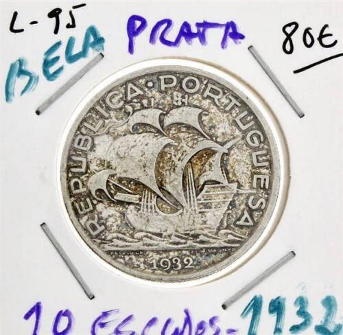 Lote 948 - Moeda de Prata de 10 ESCUDOS -1932- em Bela, com um valor de catálogo de cerca de 80 euros.