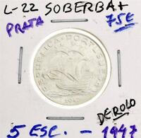 Lote 1075 - Moeda de Prata de 5 ESCUDOS- 1947- mas que nem circulou, de rolo, em SOBERBA+ e com um valor de catálogo de cerca de 75 euros.