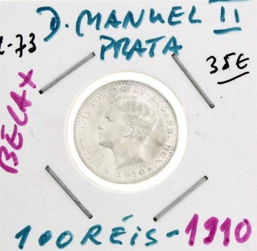 Lote 1087 - Moeda de Prata de D. Manuel II - 100 REIS -, de 1910, em BELA+ e com um valor de catálogo de cerca de 35 euros.