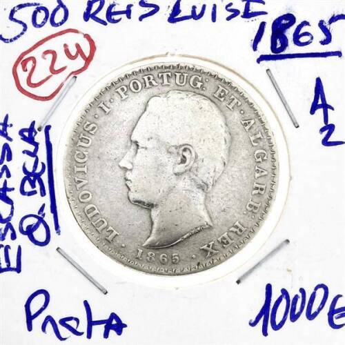 Lote 1116 - Moeda MUITO RARA E VALIOSA de 500 RÉIS em prata D. LUÍS I 1865 em QUASE BELA com valor de catálogo Moedas de Portugal de Reinaldo Silva de 1.100€ em BELA. Excelente investimento. (M0)