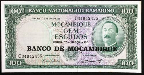 Lote 1165 - Notas; Moçambique; 27-3-1961- 1 Nota Nova de 100 Escudos (Banco de Moçambique) - Aires de Ornelas - com armas na marca de agua ). Estado: Soberba +; Cotação A. Pick: 100€.