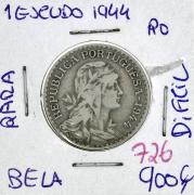 Lote 15 - Moeda de 1 Escudo 1944 - Valor de Catálogo (Moedas de Portugal 2013 de Reinaldo Silva) de 900€ - estado Bela, extremamente rara e difícil assim, moeda muito procurada neste estado (R0)
