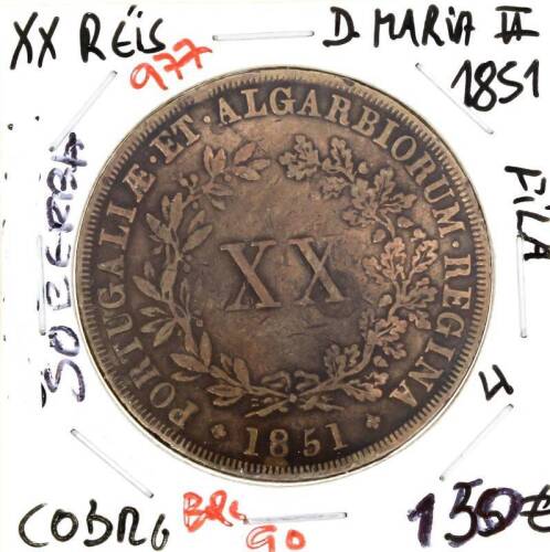 Lote 51 - Moeda RARA e VALIOSA de XX RÉIS D. MARIA II 1851 em estado SOBERBA com valor pelo catálogo Moedas de Portugal de Reinaldo Silva de 90€ em BELA. Excelente investimento. (M0)