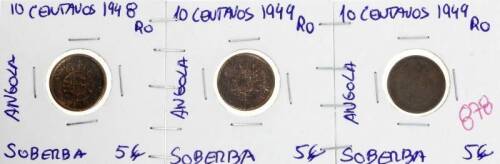 Lote 122 - Conjunto de três moedas de Angola: Moeda de 10 Centavos de 1948 e duas de 1949 – Valor de Catálogo (Moedas de Portugal 2013 de Reinaldo Silva) de 15€ - estado Soberbo (R0)