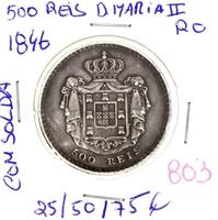 Lote 140 - Moeda de 500 Reis 1846 de D. Maria II – Valor de Catálogo (Moedas de Portugal 2013 de Reinaldo Silva) de 25/50/75 em estado BC/MBC/Belo respetivamente (R0)