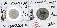 Lote 143 - Conjunto de 2 moedas de 50 e 100 RÉIS D. CARLOS I SOBERBAS com valor de catálogo Moedas de Portugal de Reinaldo Silva 55€ em BELAS. Excelente investimento. (M0)