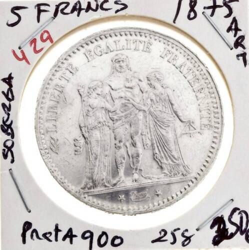 Lote 150 - Moeda MUITO RARA e VALIOSA de 5 FRANCOS FRANÇA de 1875 em prata quase pura em estado de SOBERBA valor pelo 2014 Standard Catalogo of World Coins de S. George de 250€. (A0)