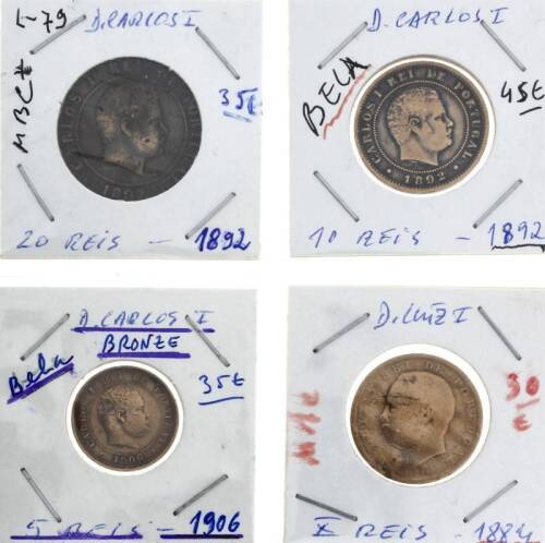 Lote 157 - Conjunto de 4 Moedas da Monarquia: 3 de D. Carlos I -20 REIS de 1892, MBC+, -10 REIS de 1892 em BELA, -5 REIS de 1906 em BELA e-X REIS de D. Luiz I de 1884 em Mbc. Com um valor de catálogo de cerca de 145 euros.