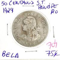 Lote 165 - Moeda de 50 centavos 1929 de São Tomé e Principe - Valor de Catálogo (Moedas de Portugal 2013 de Reinaldo Silva) de 75€ - estado Belo (R0)