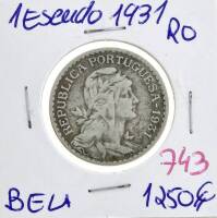 Lote 831 - Moeda de 1 Escudo 1931 - Valor de Catálogo (Moedas de Portugal 2013 de Reinaldo Silva) de 1250€ - estado Belo, muito difícil neste estado (R0)