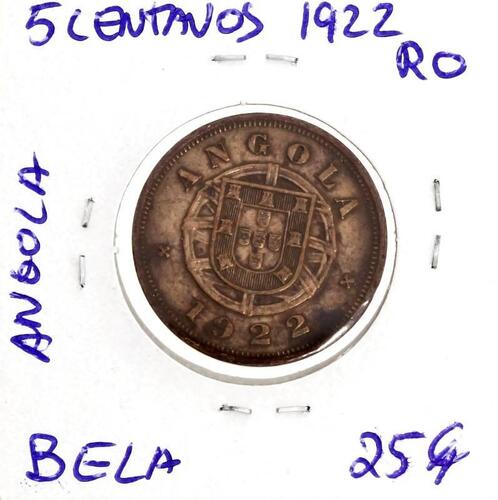 Lote 891 - Moeda de 5 Centavos 1922 de Angola - Valor de Catálogo (Moedas de Portugal 2013 de Reinaldo Silva) de 25€ - estado Bela (R0)