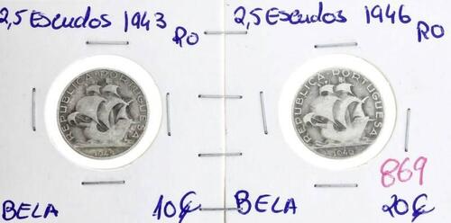 Lote 896 - Conjunto de duas moedas de 2,5 Escudos (1943 e 1946) – Valor de Catálogo (Moedas de Portugal 2013 de Reinaldo Silva) de 30€ - estado Belo (R0)