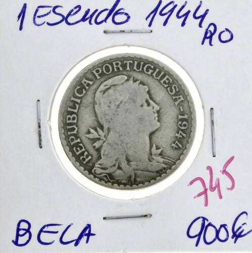 Lote 927 - Moeda de 1 Escudo 1944 - Valor de Catálogo (Moedas de Portugal 2013 de Reinaldo Silva) de 900€ - estado Belo, muito difícil e rara (R0)