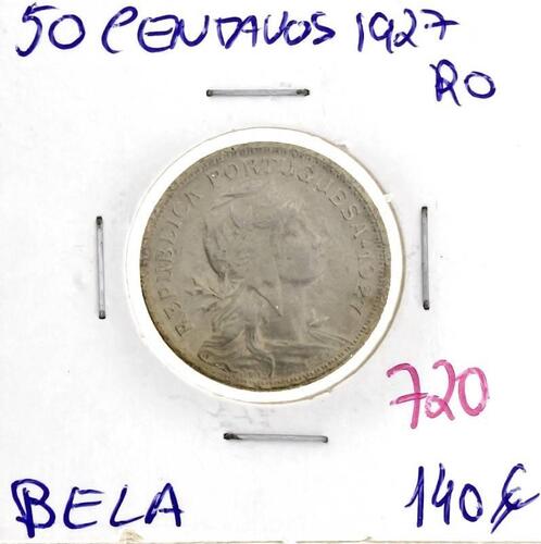 Lote 933 - Moeda de 50 centavos 1927 - Valor de Catálogo (Moedas de Portugal 2013 de Reinaldo Silva) de 140€ - estado Bela (R0)