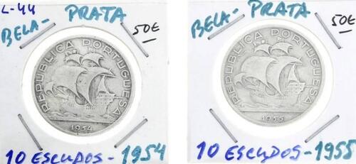 Lote 937 - Conjunto de 2 Moedas de Prata de 10 ESCUDOS - 1954 e 1955 - em BELA - e com um valor total de catálogo de cerca de 100 euros.