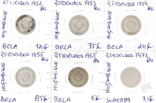 Lote 938 - Coleção completa de Moeda de 2,Moeda de 5 Escudos de Moçambique (1952, 1953, 1954, 1955, 1965 e 1973) – Valor de Catálogo (Moedas de Portugal 2013 de Reinaldo Silva) de 312,5€ - estado Belo e Soberbo, moedas muito difíceis neste estado (R0)