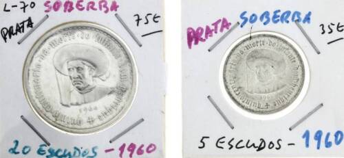 Lote 943 - Conjunto de 2 Moedas de Prata em SOBERBA do Quinto Centenario da Morte do Infante D. Henrique - 1960 - 20 ESCUDOS (34mm e 21 gr.) e 5 ESCUDOS, com um valor total de catálogo de cerca de 110 euros.