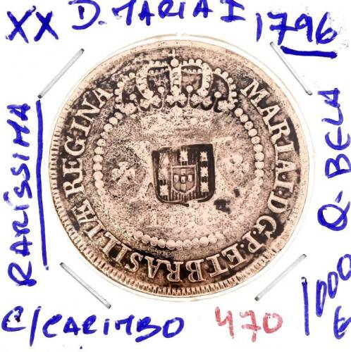 Lote 957 - Moeda ESCASSA e VALIOSA de XX RÉIS de D. MARIA I 1796 (BRASIL) em estado QUASE NOVA com valor pelo catálogo Alberto Gomes de 1000€ sem carimbo em BELA.Excelente investimento. (M0)