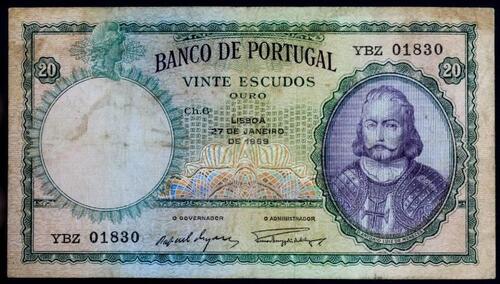 Lote 960 - Excelente e RARA nota de 20$00 D. António Luís de Meneses de 1959 em estado BELA++ com valor de catálogo Moedas de Portugal 2015 de Reinaldo Silva de 50€ em NOVA. Excelente investimento. Excelente investimento (M0)