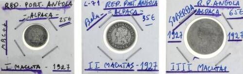 Lote 967 - Conjunto de 3 Moedas de Angola muito antigas:- de I Macuta de 1927, MBC++, -de ll Macutas, de 1927, BELA- e llll Macutas de 1927 em SOBERBA e com um valor total de catálogo de cerca de 125 euros.