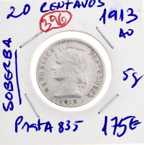 Lote 977 - Moeda de 20 centavos em prata de 1913 SOBERBA com cotação pelo catálogo Moedas de Portugal de Reinaldo Silva de 175€ em SOBERBA. (REP)