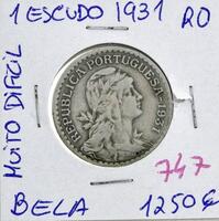 Lote 1023 - Moeda de 1 Escudo 1931 - Valor de Catálogo (Moedas de Portugal 2013 de Reinaldo Silva) de 1250€ - estado Belo, moeda muito dificil (R0)