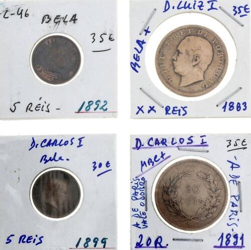 Lote 1033 - Conjunto de 4 Moedas de Bronze: 1 de D. Luiz I - XX REIS - 1883 em BELA + e 3 de D. Carlos I - 2 de 5 REIS de 1892, Bela e 1899, Bela- e 20 REIS - A de Paris- de 1891,- MBC+,- com um valor total de catálogo de cerca 135 euros