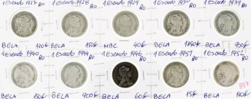 Lote 1034 - Conjunto com as 10 moedas de Moeda de 1 Escudo mais difíceis e raras (à exceção da 1935 e 1931): 1927, 1928, 1929, 1930, 1939, 1940, 1944, 1946, 1951 e 1952 – Valor de Catálogo (Moedas de Portugal 2013 de Reinaldo Silva) de 3705€ - estado Belo