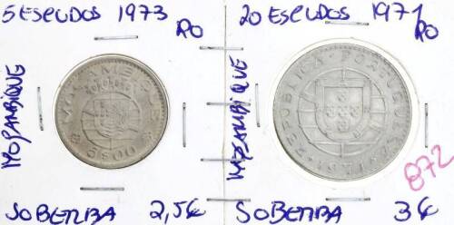 Lote 1040 - Conjunto de duas moedas de Moçambique: Moeda de 5 Escudos de 1973 e 20 escudos de 1971 – Valor de Catálogo (Moedas de Portugal 2013 de Reinaldo Silva) de 5,5€ - estado Soberbo (R0)