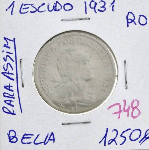 Lote 1071 - Moeda de 1 Escudo 1931 - Valor de Catálogo (Moedas de Portugal 2013 de Reinaldo Silva) de 1250€ - estado Belo, moeda muito dificil (R0)