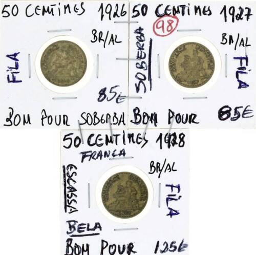 Lote 1093 - Conjunto de 3 moedas RARAS da França (coleção Bom Pour) constituído por 50 CENTIMES de 1926, 1927 SOBERBAS e 1928 (muito escassa) BELA com valor de catálogo 2014 Standard Catalogo of World Coins de S. George de 295€. Excelente investimento. (R